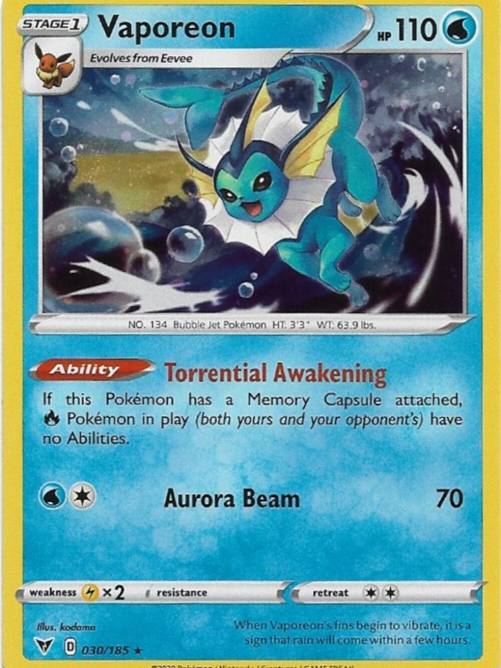Pokemon Vaporeon 030/185 Vivid Voltage NM